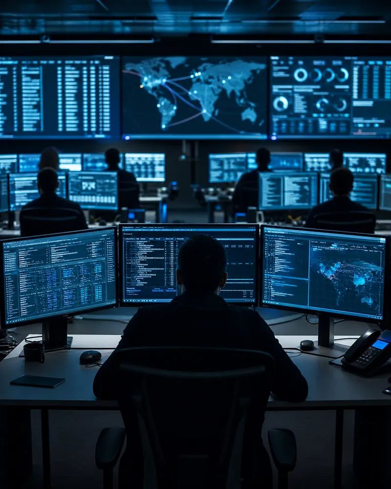 Modern cybersecurity operations center with monitors