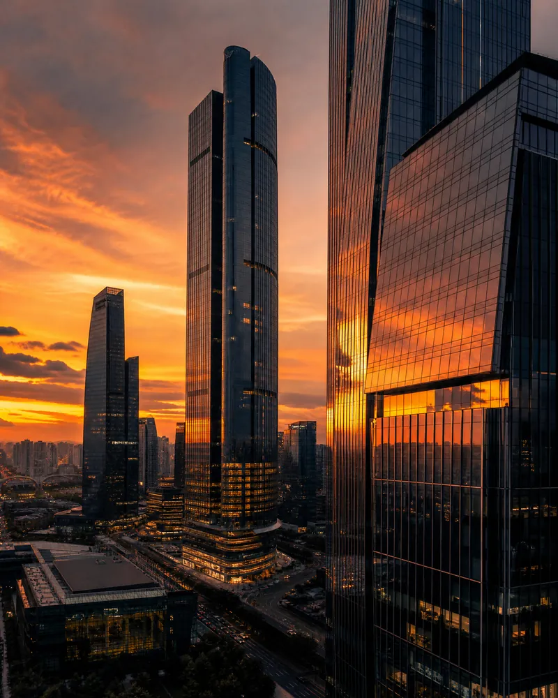 Modern corporate glass towers at dusk