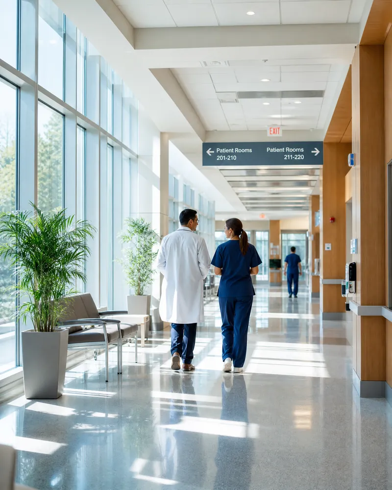 Bright modern hospital corridor with natural light